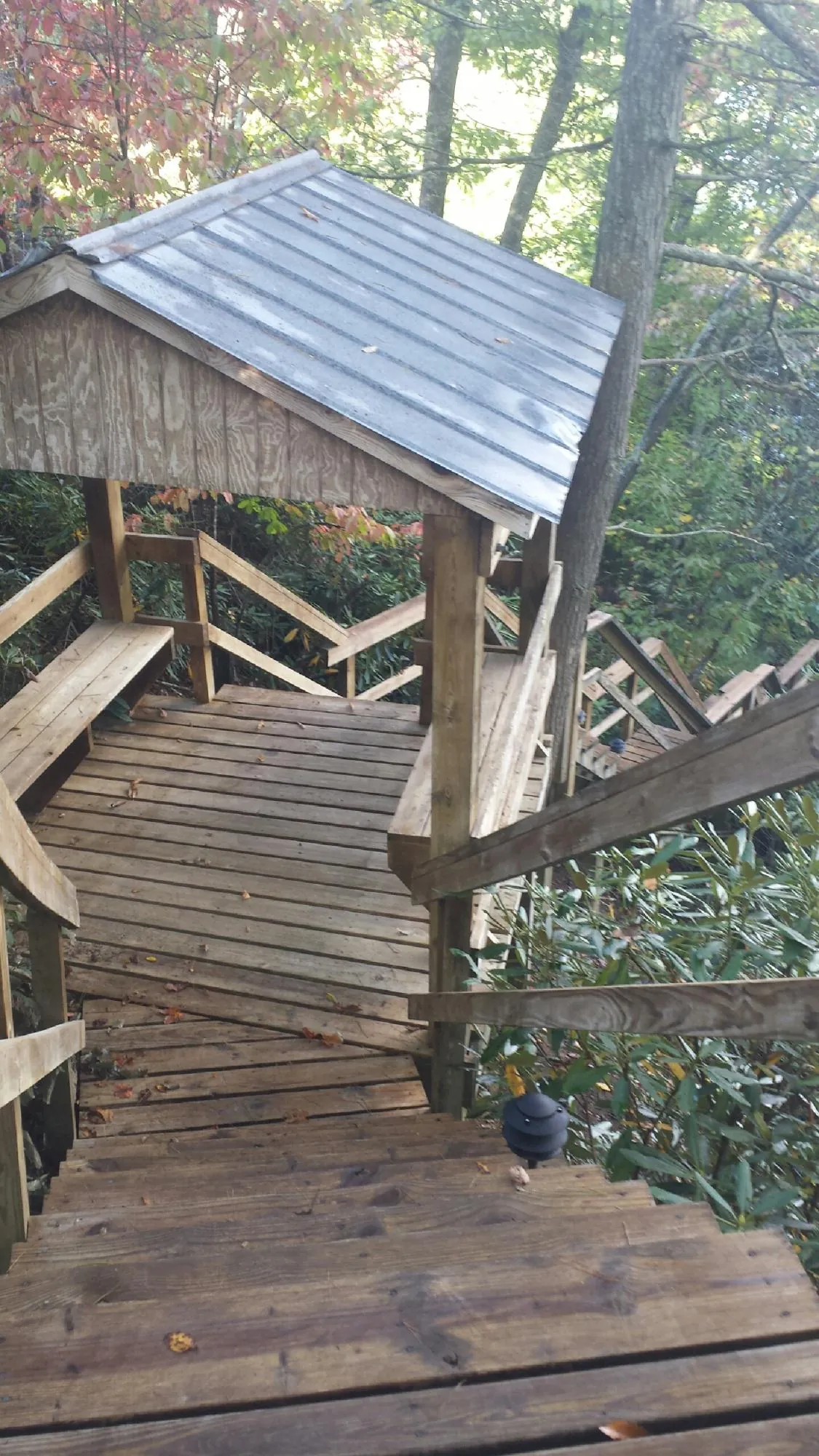 Metal roofed shelter over wooden steps on a wooded walkway — Skylight Repair & Installation work by our crew in Longwood